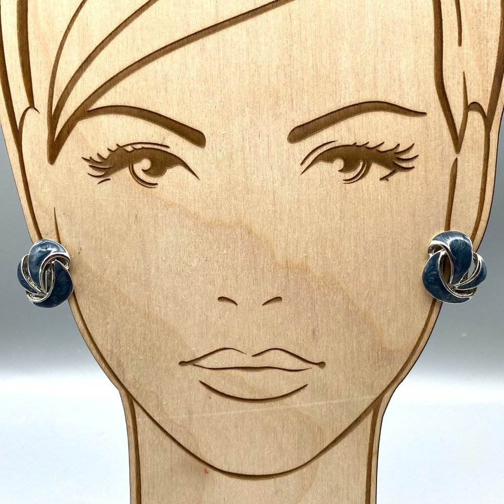 Vintage Abstract Blue Enamel Earrings, Silver Tone Clip Ons